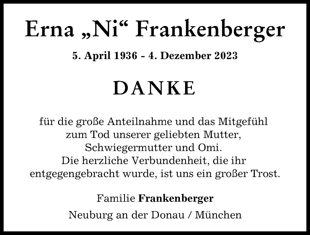  Traueranzeige für Erna Frankenberger vom 13.01.2024 aus Neuburger Rundschau