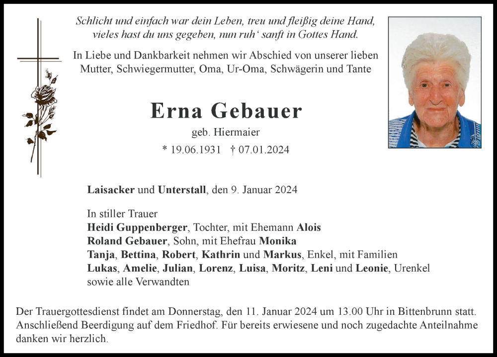 Traueranzeige von Erna Gebauer von Neuburger Rundschau