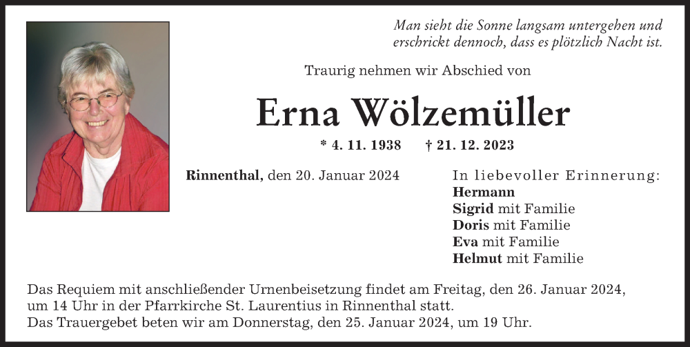 Traueranzeige von Erna Wölzemüller von Friedberger Allgemeine