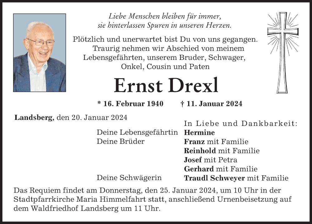 Traueranzeige von Ernst Drexl von Landsberger Tagblatt