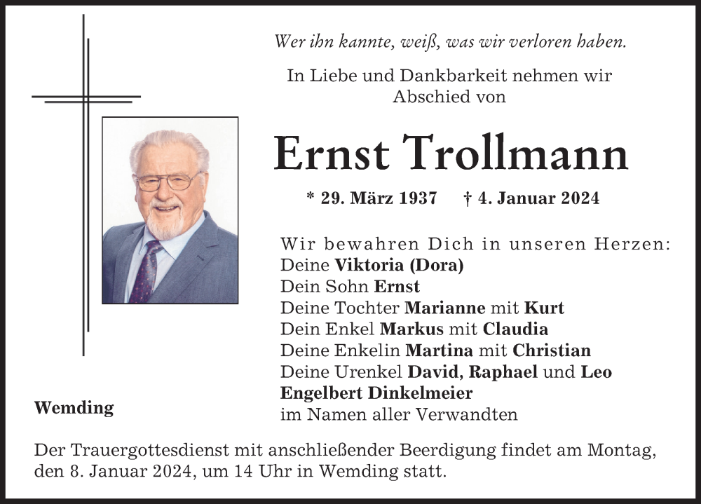 Traueranzeige von Ernst Trollmann von Donauwörther Zeitung