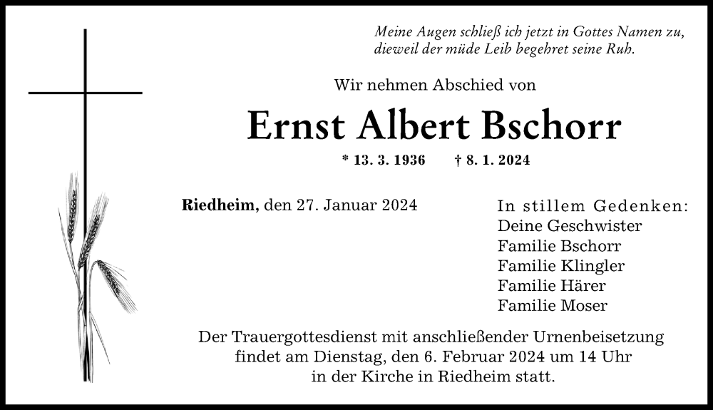 Traueranzeige von Ernst Albert Bschorr von Günzburger Zeitung