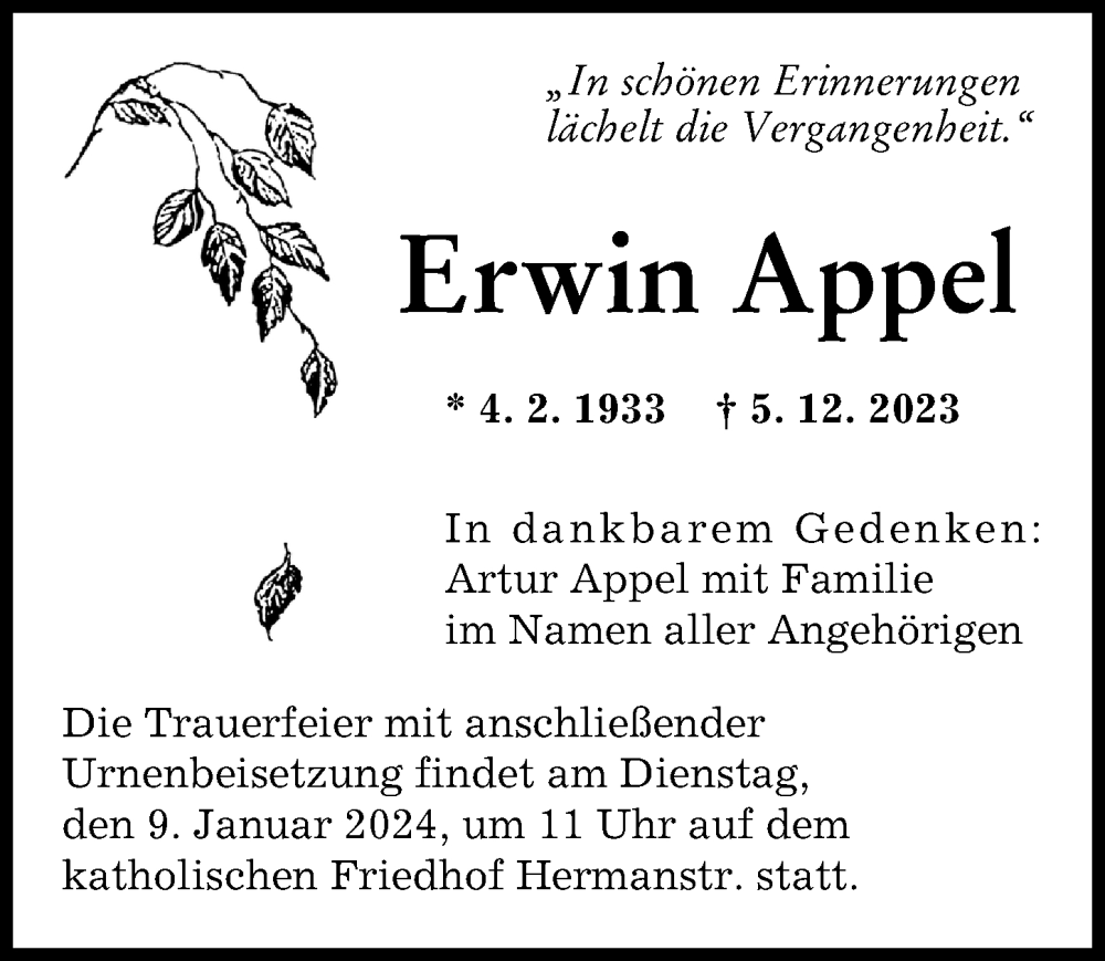 Traueranzeige von Erwin Appel von Augsburger Allgemeine