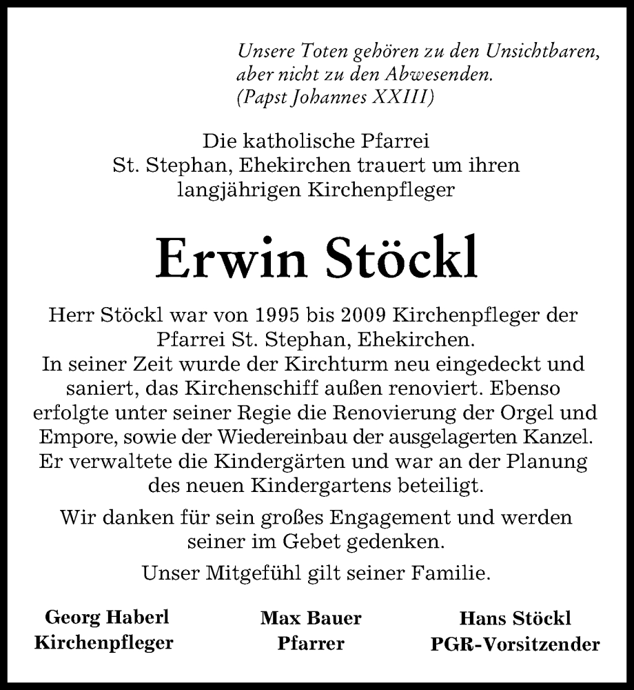 Traueranzeige von Erwin Stöckl von Neuburger Rundschau