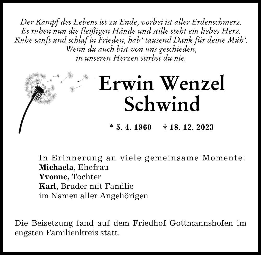 Traueranzeige von Erwin Wenzel Schwind von Wertinger Zeitung