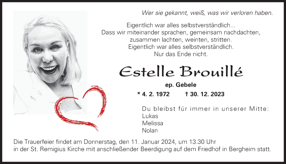  Traueranzeige für Estelle Brouille vom 05.01.2024 aus Augsburger Allgemeine