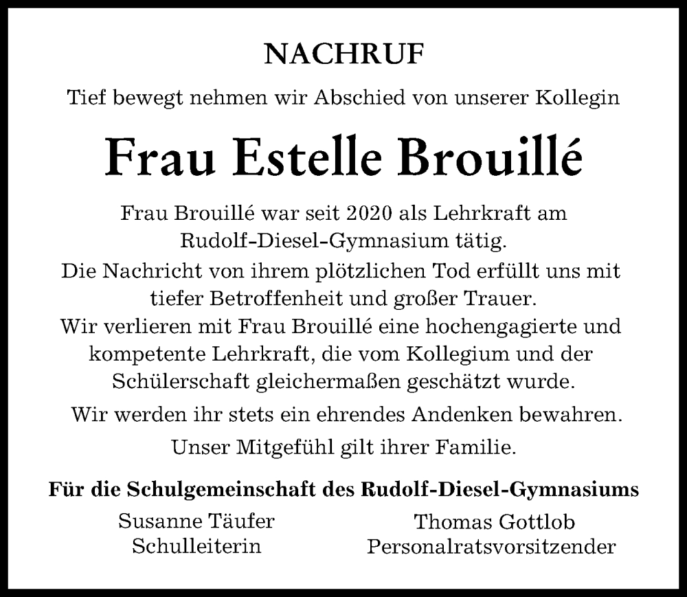  Traueranzeige für Estelle Brouille vom 09.01.2024 aus Augsburger Allgemeine