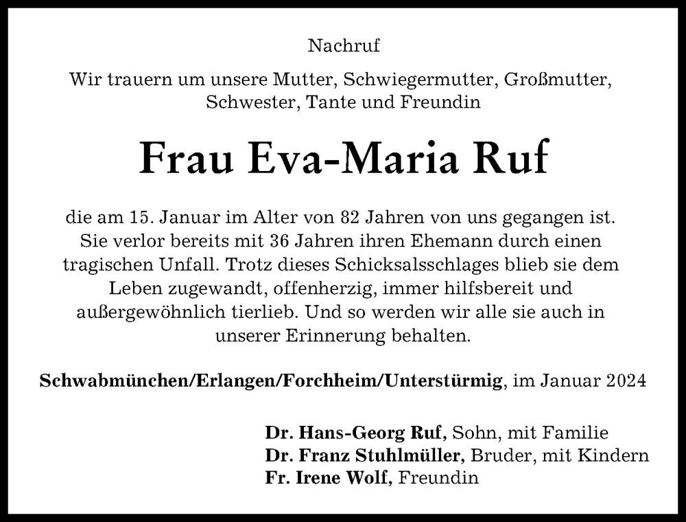  Traueranzeige für Eva-Maria Ruf vom 27.01.2024 aus Schwabmünchner Allgemeine
