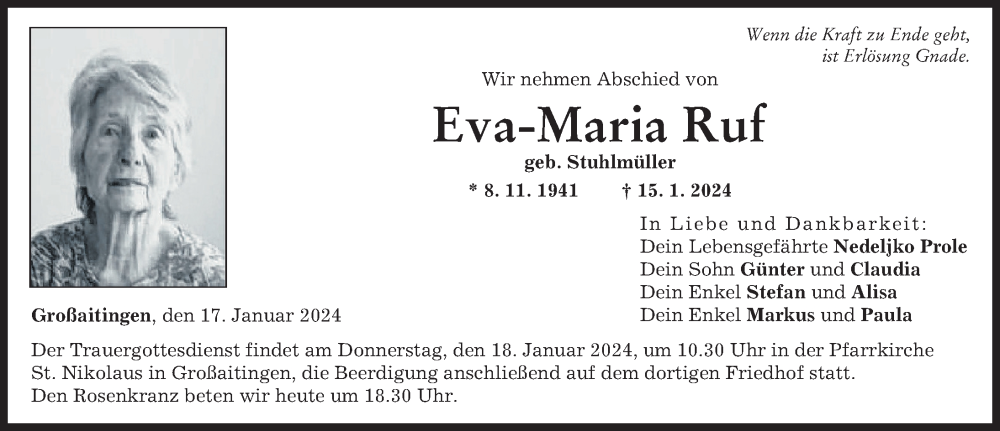  Traueranzeige für Eva-Maria Ruf vom 17.01.2024 aus Schwabmünchner Allgemeine