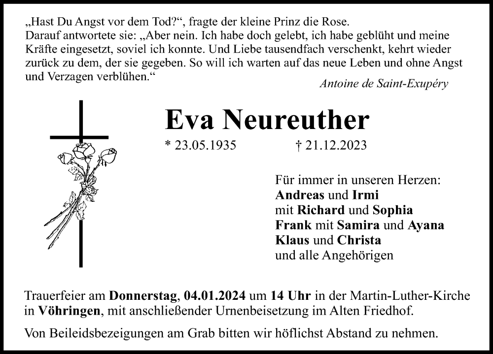 Traueranzeige von Eva Neureuther von Illertisser Zeitung