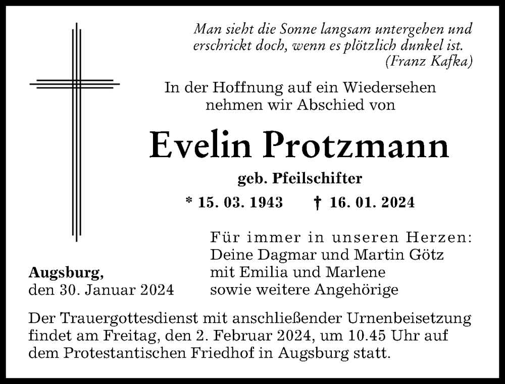 Traueranzeige von Evelin Protzmann von Augsburger Allgemeine