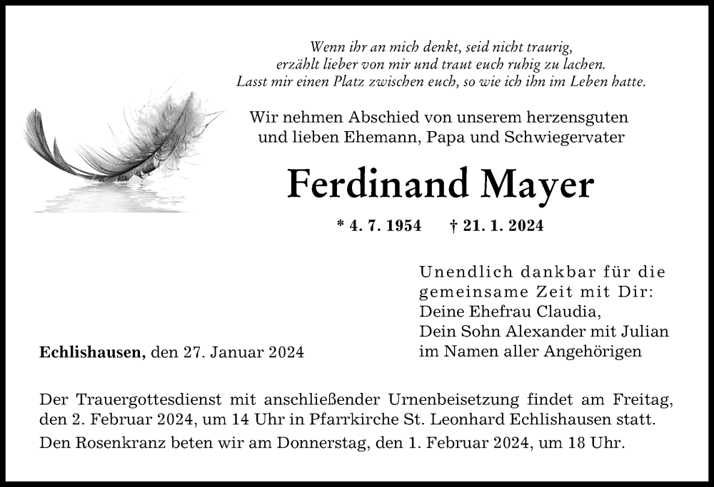 Traueranzeige von Ferdinand Mayer von Günzburger Zeitung