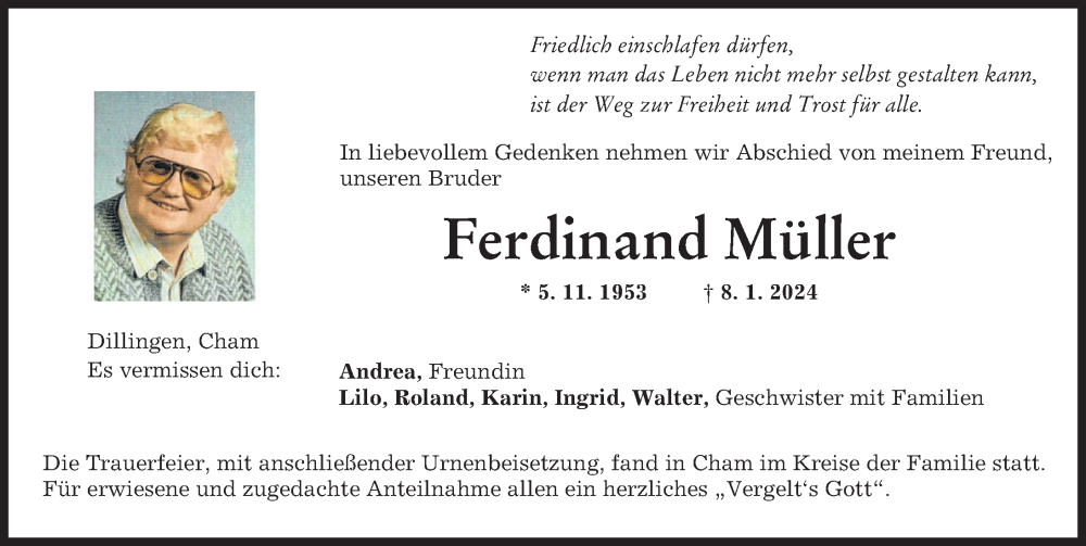 Traueranzeige von Ferdinand Müller von Donau Zeitung