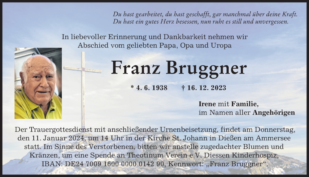 Traueranzeige von Franz Bruggner von Ammersee Kurier