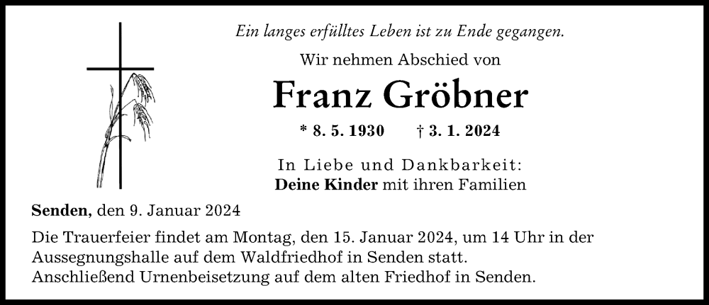 Traueranzeige von Franz Gröbner von Augsburger Allgemeine, Neu-Ulmer Zeitung