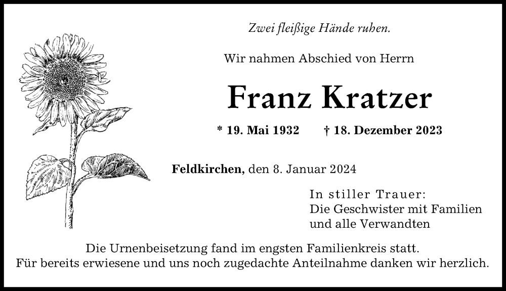 Traueranzeige von Franz Kratzer von Neuburger Rundschau