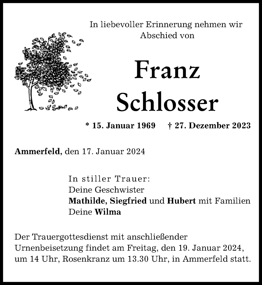 Traueranzeige von Franz Schlosser von Neuburger Rundschau