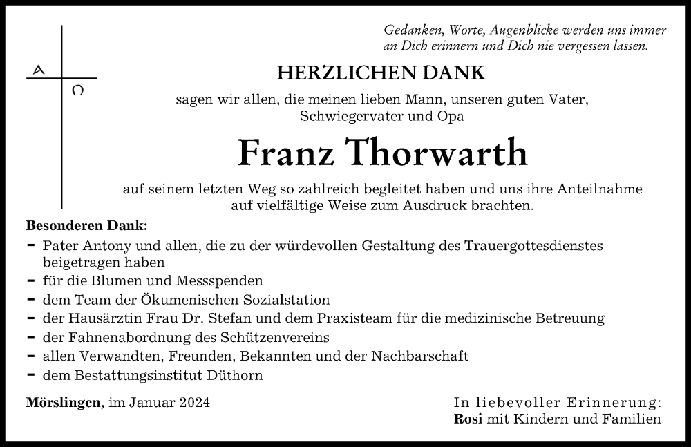 Traueranzeige von Franz Thorwarth von Donau Zeitung