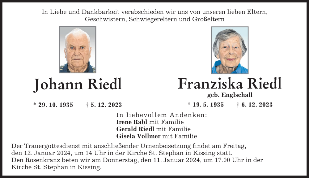 Traueranzeige von Franziska Riedl von Friedberger Allgemeine