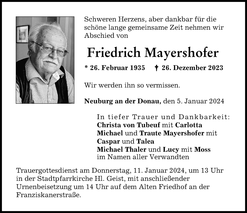 Traueranzeige von Friedrich Mayershofer von Neuburger Rundschau