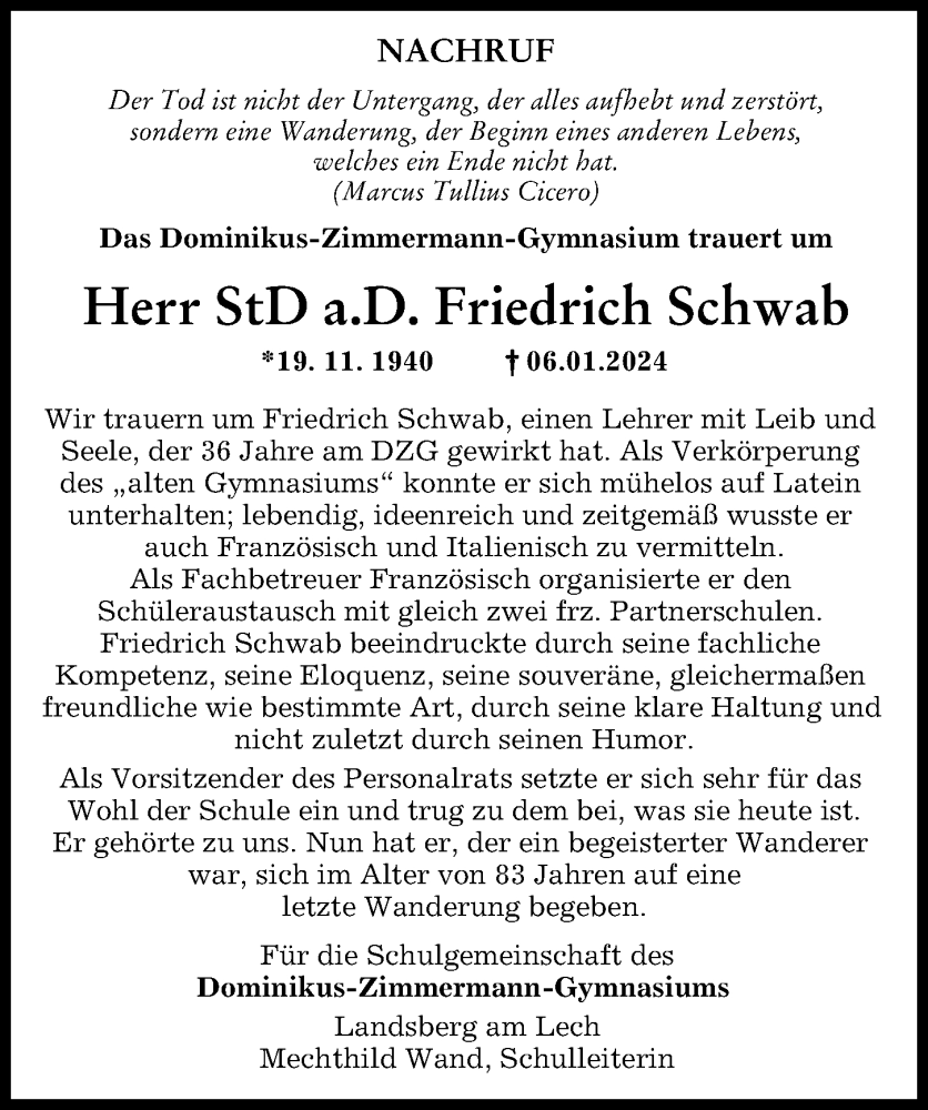  Traueranzeige für Friedrich Schwab vom 31.01.2024 aus Landsberger Tagblatt