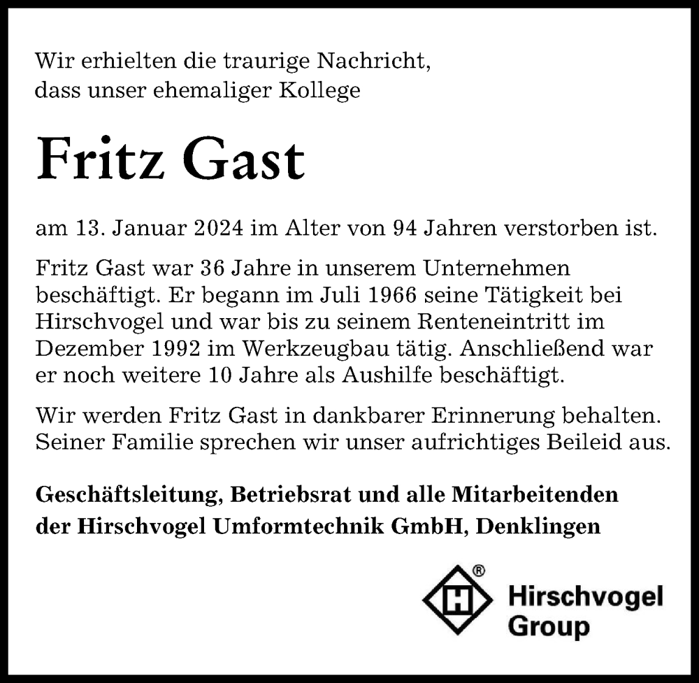 Traueranzeige von Fritz Gast von Landsberger Tagblatt