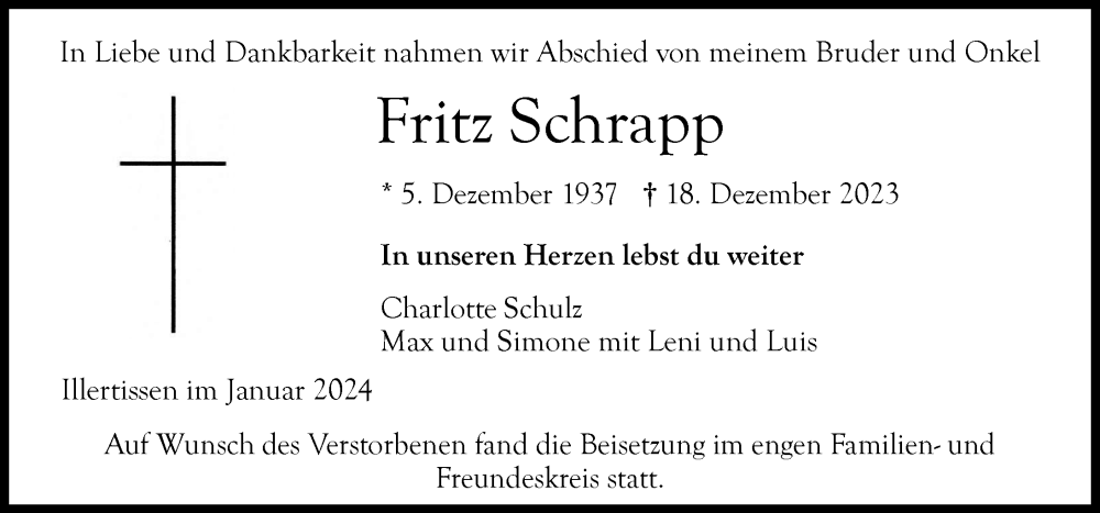 Traueranzeige von Fritz Schrapp von Illertisser Zeitung