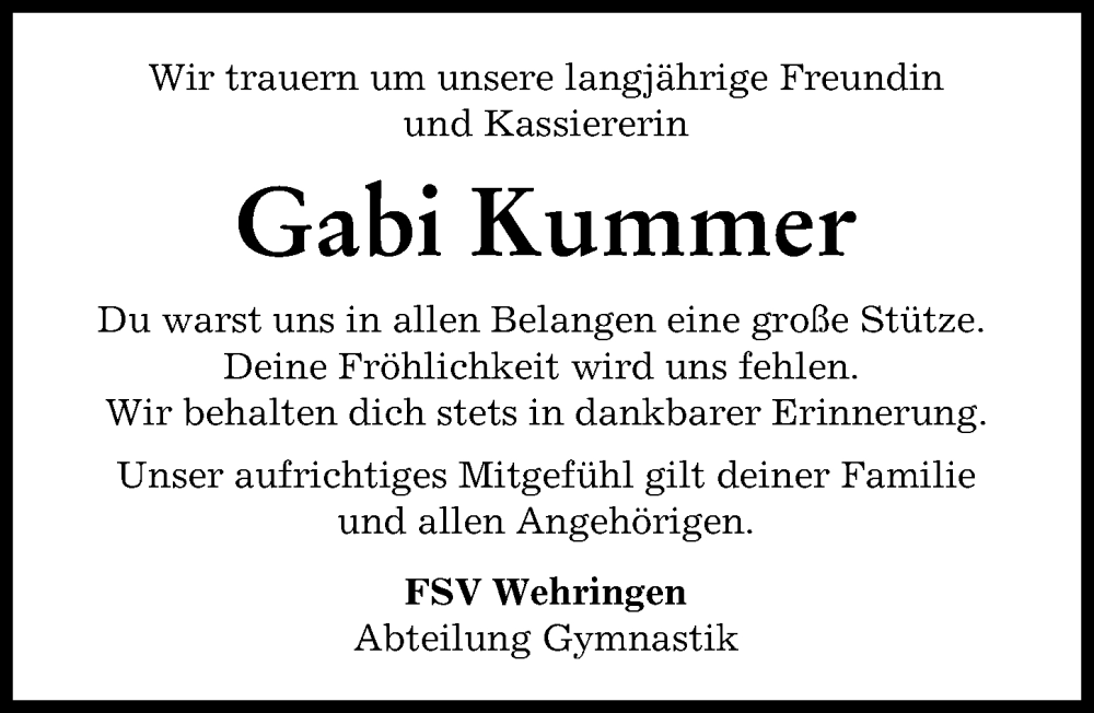 Traueranzeige von Gabi Kummer von Schwabmünchner Allgemeine