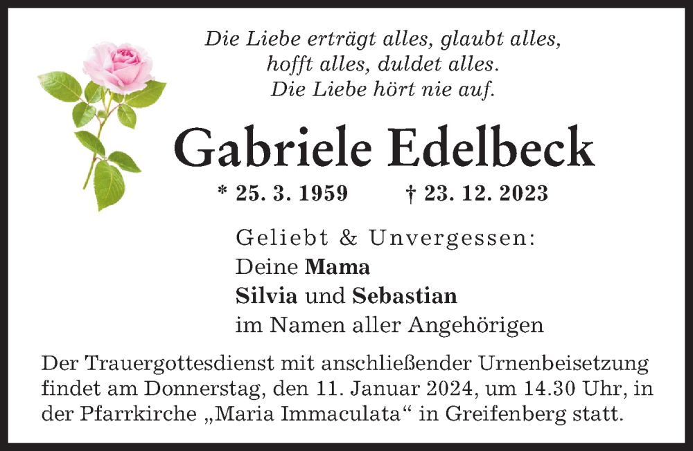 Traueranzeige von Gabriele Edelbeck von Landsberger Tagblatt