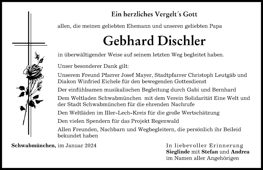 Traueranzeige von Gebhard Dischler von Schwabmünchner Allgemeine