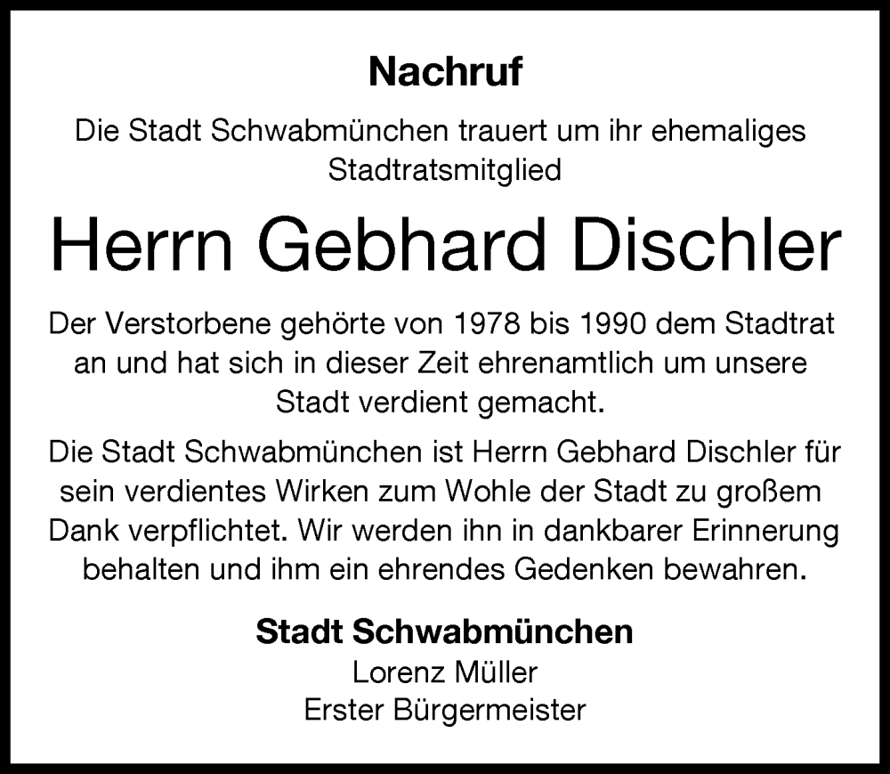 Traueranzeige von Gebhard Dischler von Schwabmünchner Allgemeine