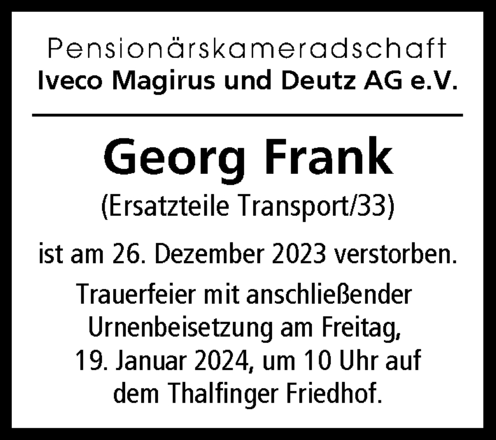 Traueranzeige von Georg Frank von Illertisser Zeitung, Günzburger Zeitung, Neu-Ulmer Zeitung