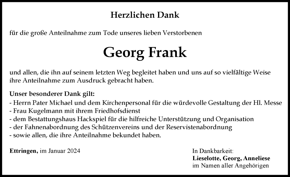 Traueranzeige von Georg Frank von Mindelheimer Zeitung