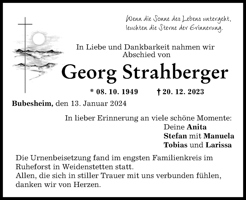 Traueranzeige von Georg Strahberger von Günzburger Zeitung