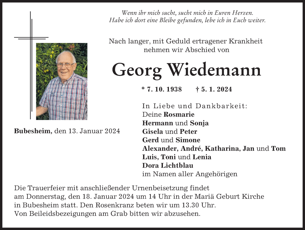 Traueranzeige von Georg Wiedemann von Günzburger Zeitung