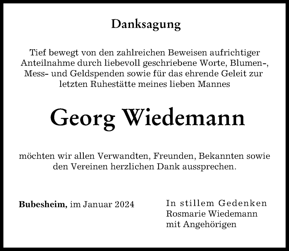 Traueranzeige von Georg Wiedemann von Günzburger Zeitung