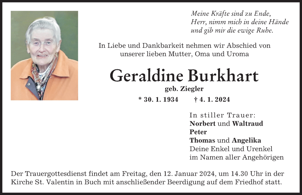  Traueranzeige für Geraldine Burkhart vom 10.01.2024 aus Illertisser Zeitung