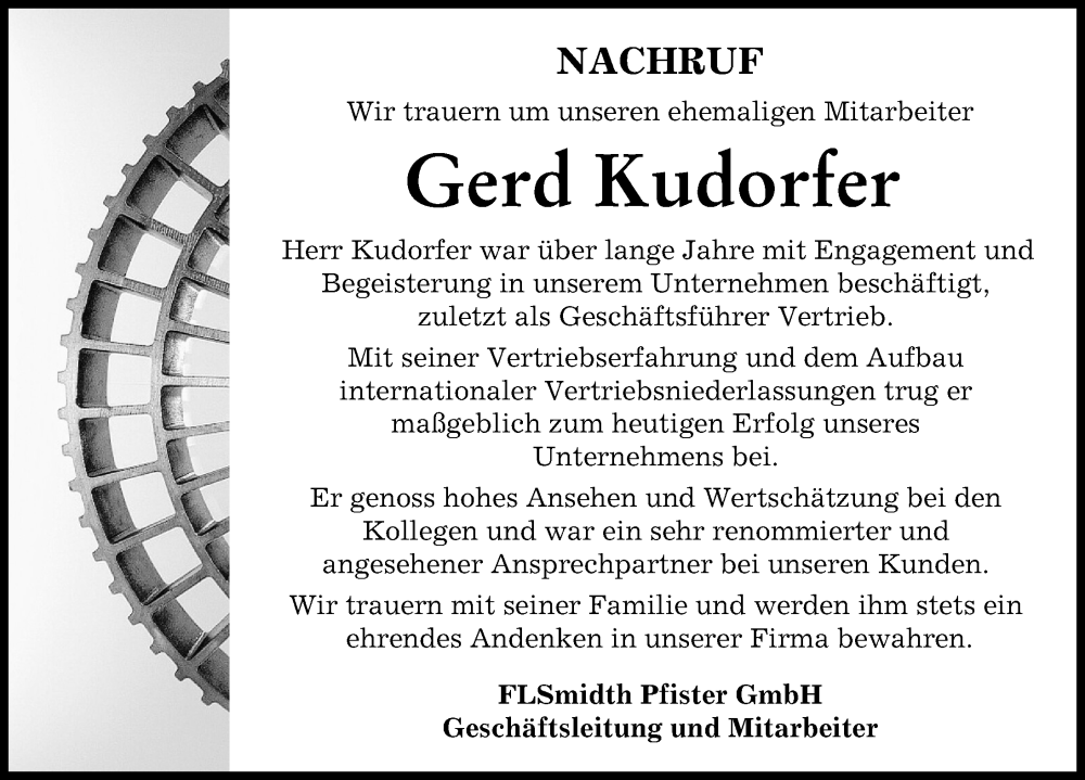 Traueranzeige von Gerd Kudorfer von Augsburger Allgemeine