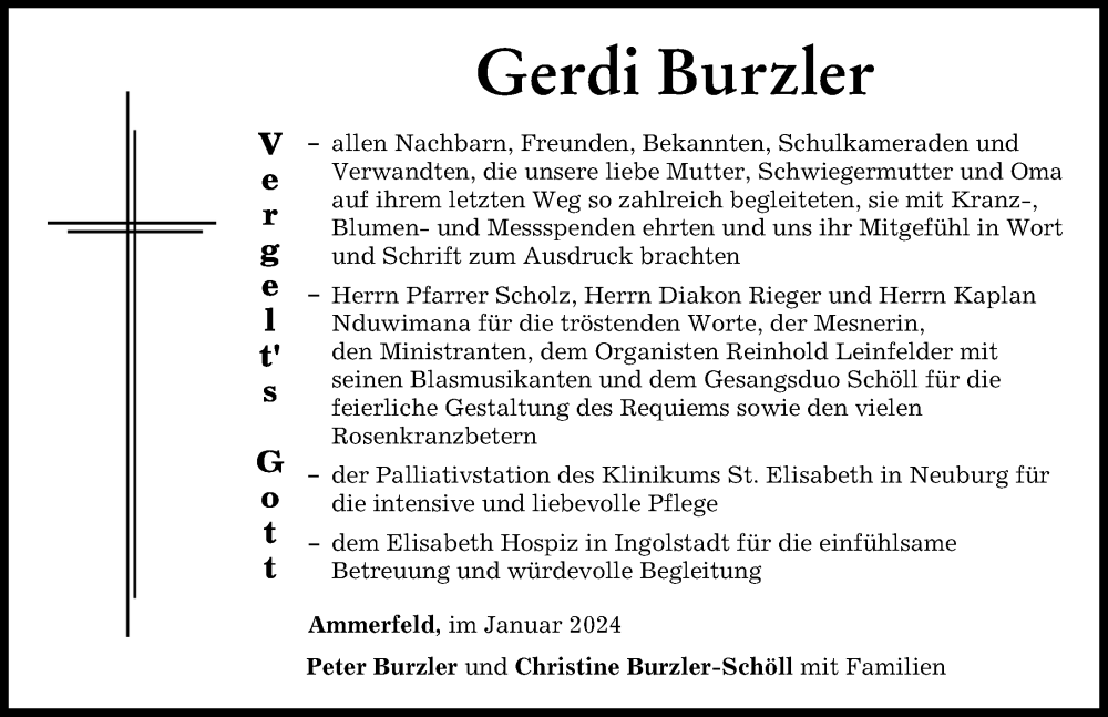 Traueranzeige von Gerdi Burzler von Donauwörther Zeitung, Neuburger Rundschau