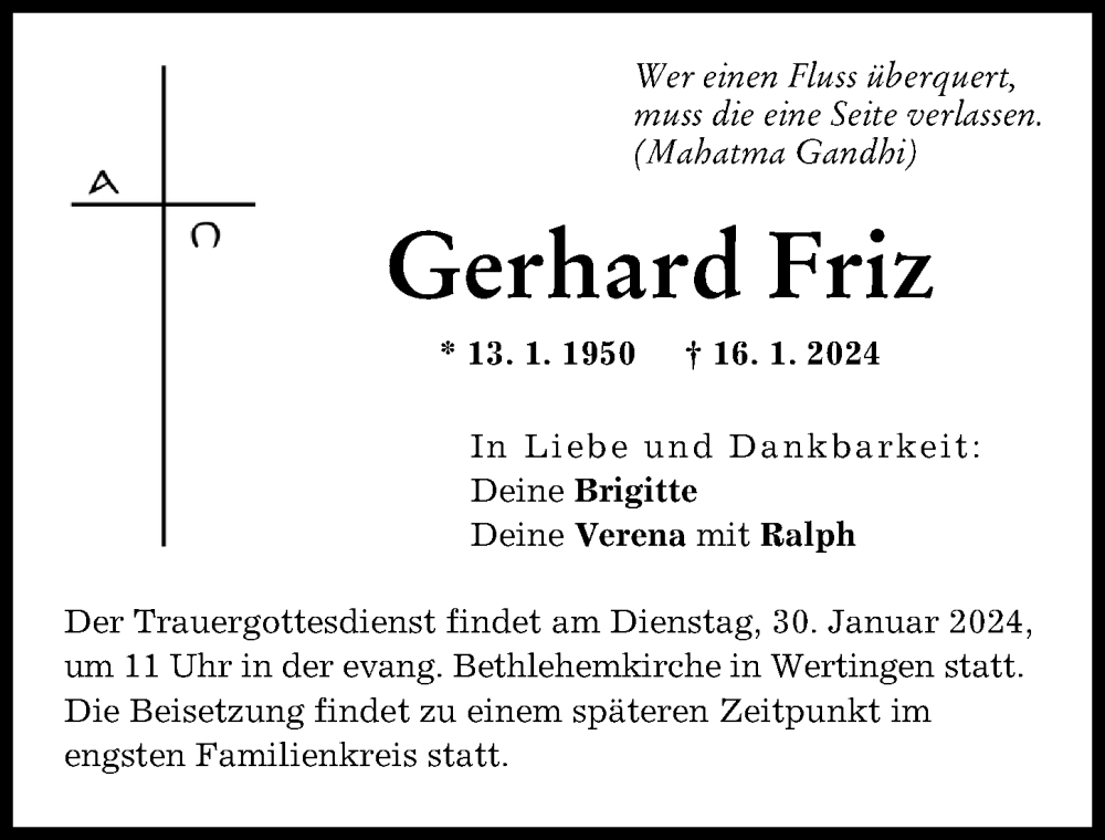 Traueranzeige von Gerhard Friz von Wertinger Zeitung