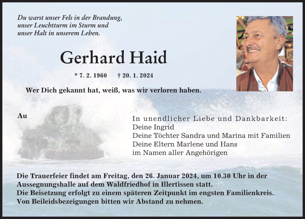  Traueranzeige für Gerhard Haid vom 24.01.2024 aus Illertisser Zeitung