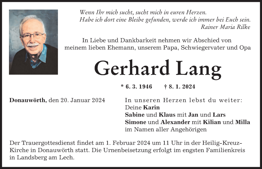 Traueranzeige von Gerhard Lang von Donauwörther Zeitung