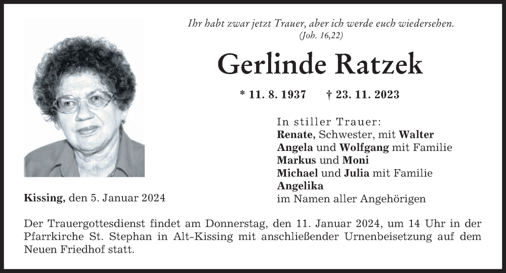 Traueranzeige von Gerlinde Ratzek von Friedberger Allgemeine