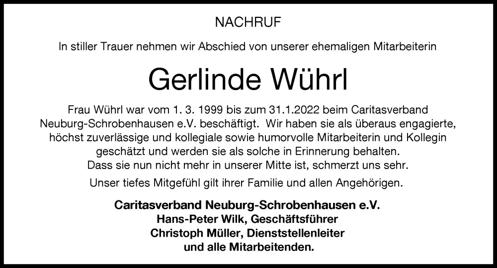 Traueranzeige von Gerlinde Wührl von Neuburger Rundschau