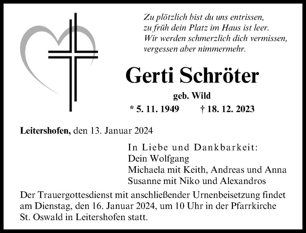 Traueranzeige von Gerti Schröter von Augsburger Allgemeine