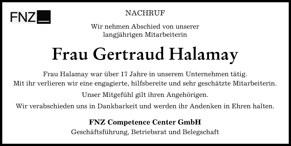 Traueranzeige von Gertraud Halamay von Augsburger Allgemeine