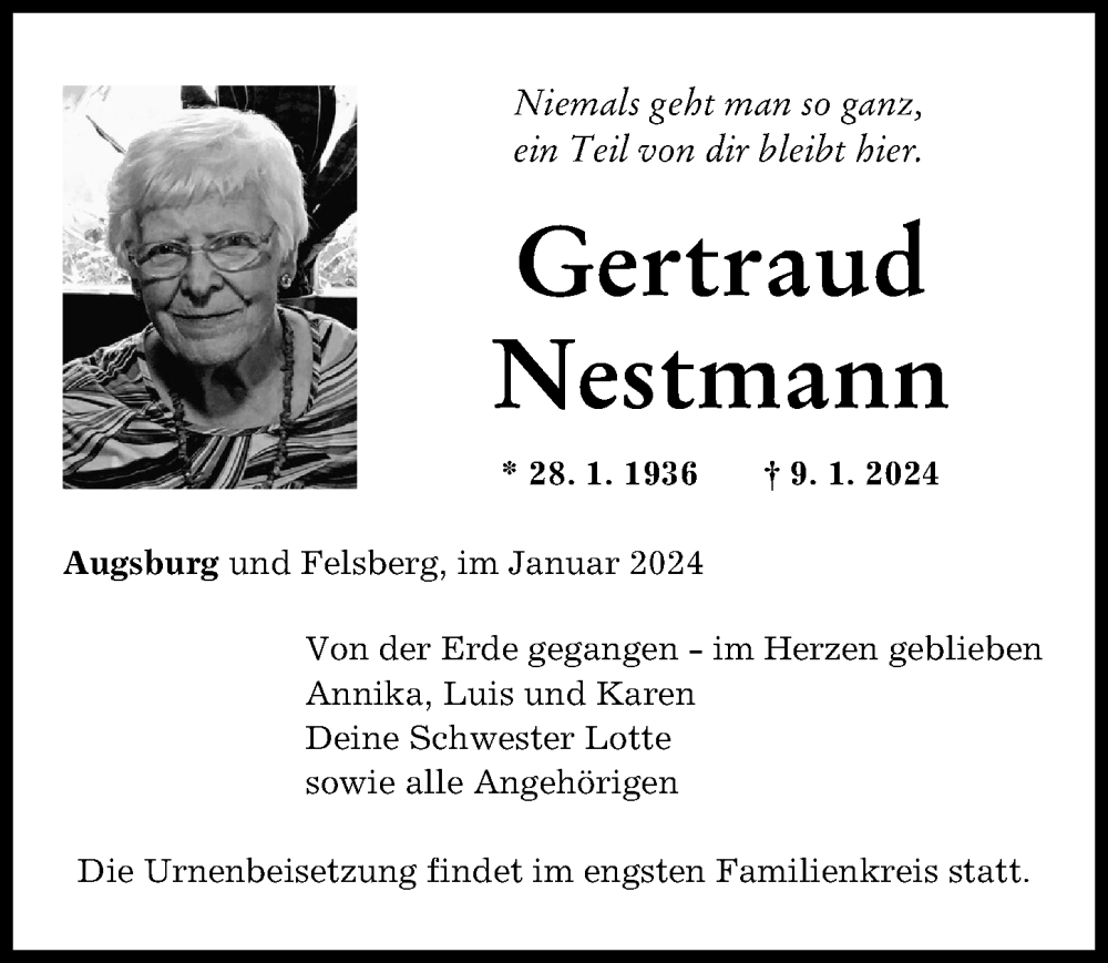 Traueranzeige von Gertraud Nestmann von Augsburger Allgemeine