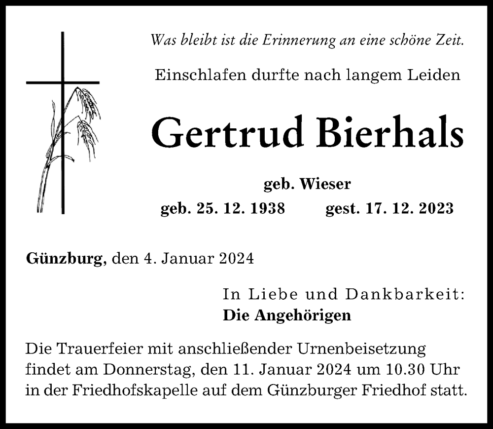Traueranzeige von Gertrud Bierhals von Günzburger Zeitung