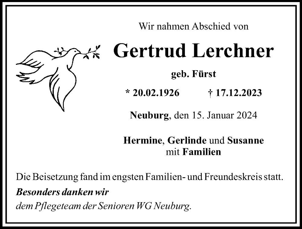 Traueranzeige von Gertrud Lerchner von Mittelschwäbische Nachrichten