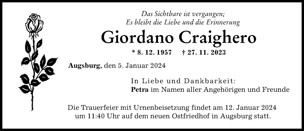 Traueranzeige von Giordano Craighero von Augsburger Allgemeine